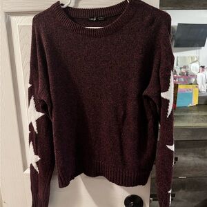 SHEIN Maroon and White Crew Neck Sweater with Star Accents